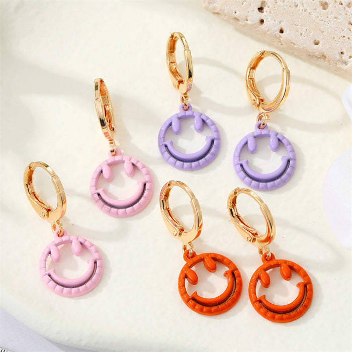 Gold Tone Open Smiley Face Huggie Drop Earrings in Six Colors