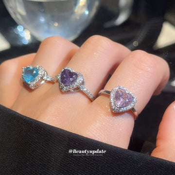 Heart Crystal Halo Open Adjustable Rings Four Color Styles