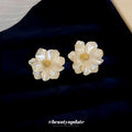 Ivory Layered Flower Stud Earrings with Gold Centers view 2
