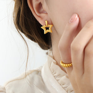 Hammered Hollow Star Drop Earrings Gold And Steel Tone