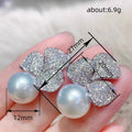 White Gold Three Leaf Clover Pearl Stud Earrings Pavé view 4