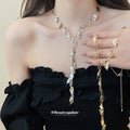 Leaf Cascade Y Necklace with Polished Metal Leaf Drops view 1