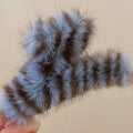 Blue Brown Striped Faux Fur Shark Claw Hair Clip Plush view 4