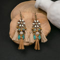 Floral Bead and Brown Tassel Statement Long Hook Earrings view 2
