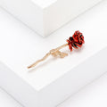 Red Enamel Rose Brooch Gold Metal Stem Leaf Single Pin view 3