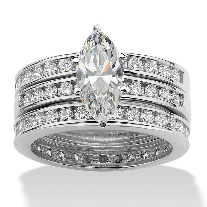 Marquise Center Stone Three Row Pavé Ring Set in Silver Tone