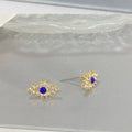 Gold Evil Eye Stud Earrings Blue Center Clear Crystal Halo view 2