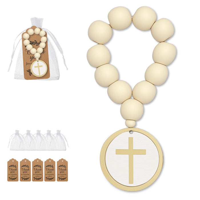 Cream Wood Bead Round Cross Disc Pendant Prayer Bracelet