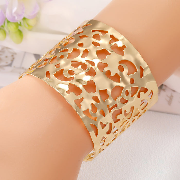 Gold Tone Wide Irregular Openwork Hammered Cuff Bracelet