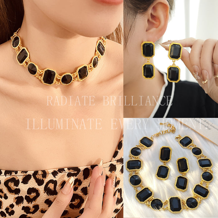 Black Geometric Necklace Bracelet and Earring Jewelry Set