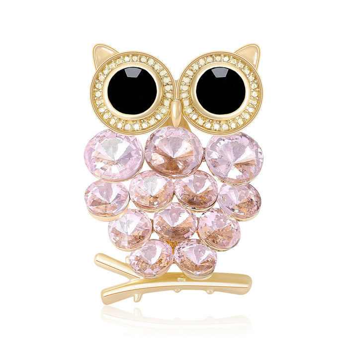 Large Eye Faceted Crystal Owl Brooch in Pink or Navy Blue