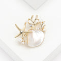 Gold Tone Starfish Coral Brooch With Shell Effect and Pearls view 3