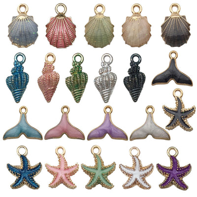 Colorful seashell and starfish charms arranged on a light background