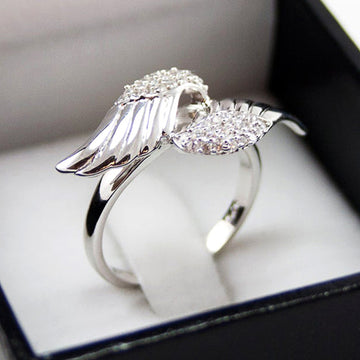 Silver Tone Angel Wing Clear Stone Open Band Statement Ring