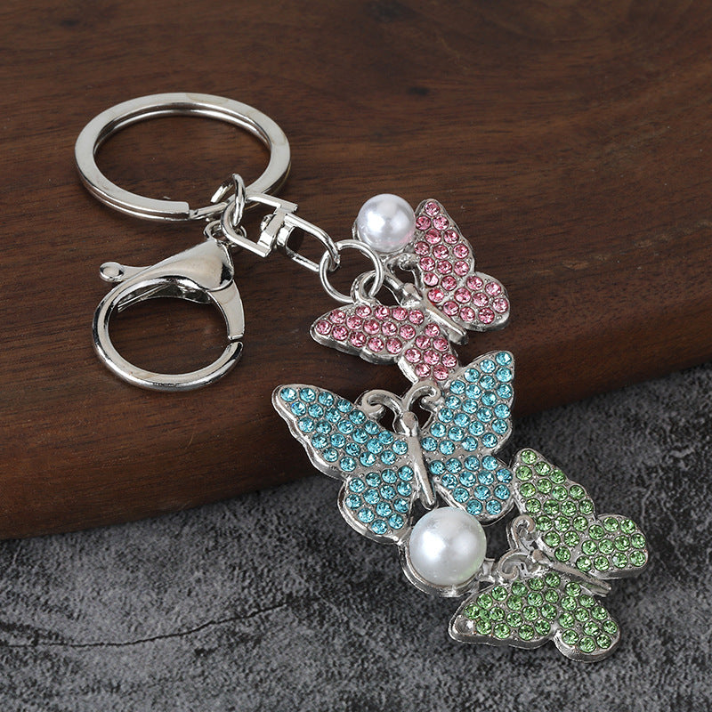Pearl Butterfly Rhinestone Keychain Metal Car Key Ring Bag Charm