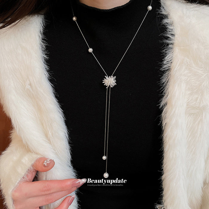 Silver Tone Firework and Pearl Long Pendant Necklace