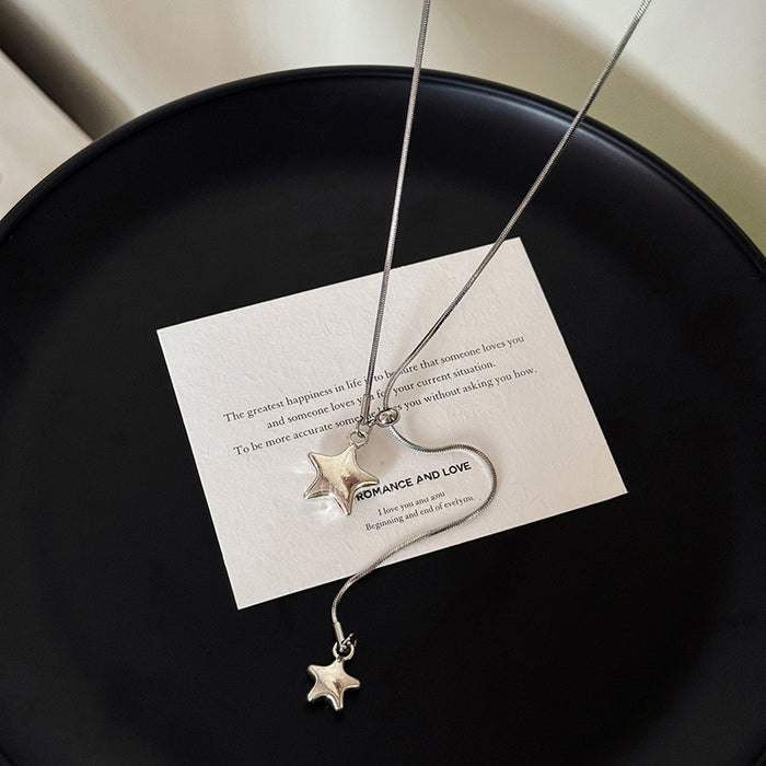 Silver Tone Double Star Lariat Necklace With Fine Chain