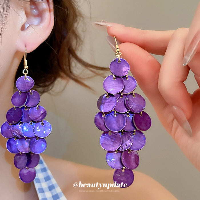 Layered Shell Disc Cluster Hook Earrings in Three Bright Colors