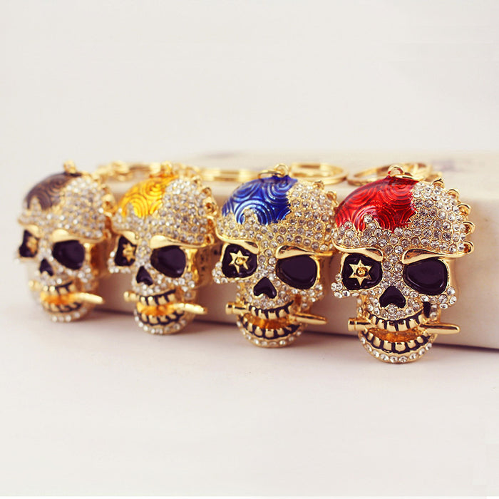 Rhinestone Skull Keychain With Textured Accent And Lobster Clasp