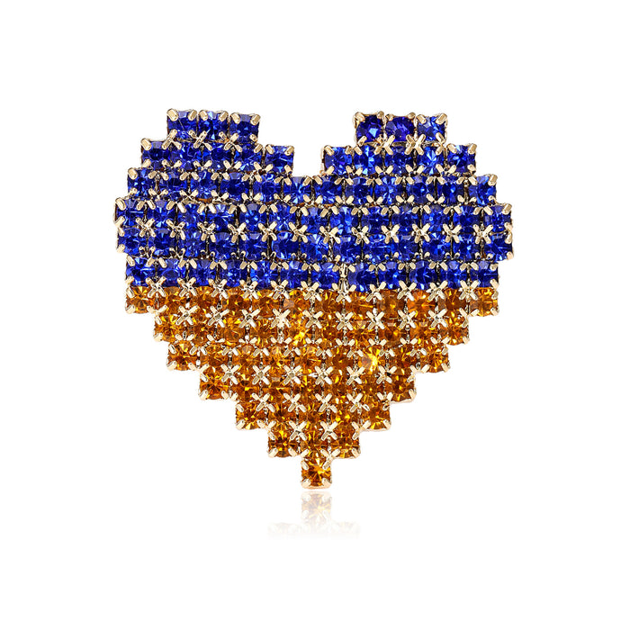Blue and Yellow Crystal Pixel Heart Brooch for Jackets Scarves and Lapels