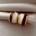 Gold Burgundy White Enamel Half Hoop Huggie Stud Earrings view 2