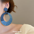 Blue Fabric Wrapped Double Circle Stud Earrings with Polished Metal Details view 3