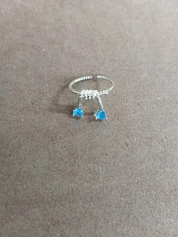 Silver Open Rope Band Ring Dual Blue Crystal Dangles
