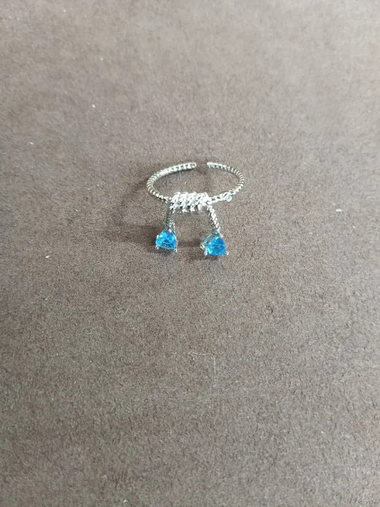 Silver Open Rope Band Ring Dual Blue Crystal Dangles