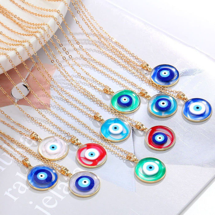 Gold Tone Clear Round Resin Evil Eye Pendant Necklaces in Four Colors