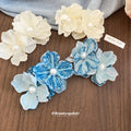 Fabric Double Flower Pearl Center Duckbill Hair Clips Two Colors view 2