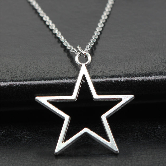 Open Star Outline Pendant Necklace in Polished Silver Tone