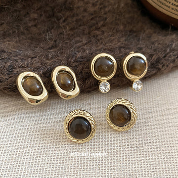 Gold Tone Brown Oval and Round Cabochon Stud Earrings