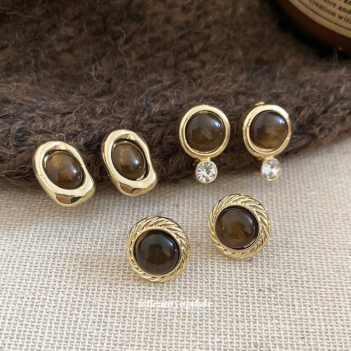 Gold Tone Brown Oval and Round Cabochon Stud Earrings
