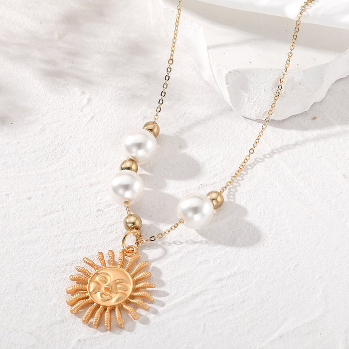Gold Tone Smiling Sun Keychain Earrings and Pearl Necklace