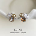 Silver Tone Cluster Stud Earrings Pearl Clear Stones Brown Crystal view 3