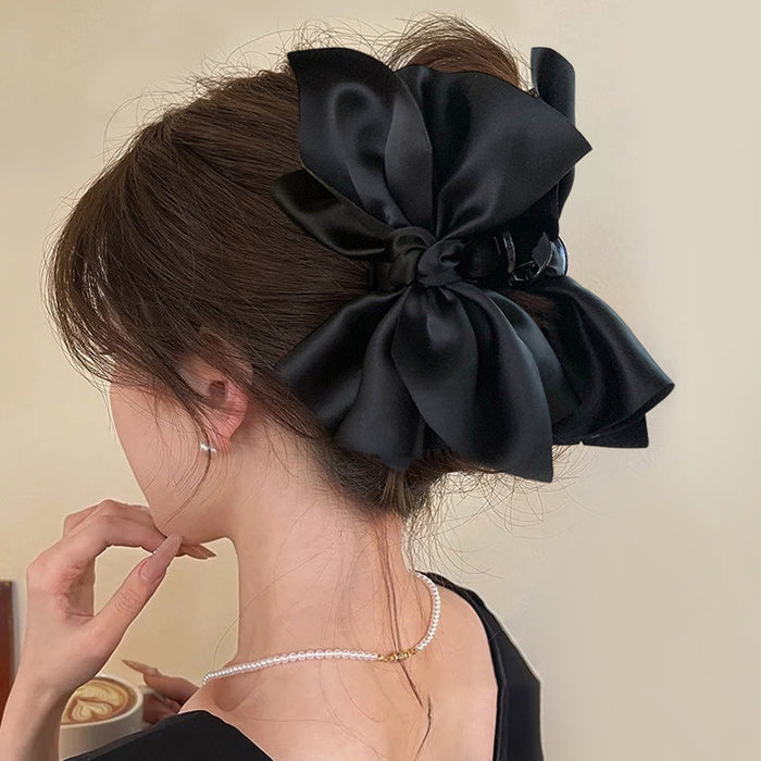 Black Satin Fabric Bow Hair Claw Clip Plastic Base