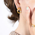 Gold Steel Geometric Oval Earrings Dual Square Stones view 3