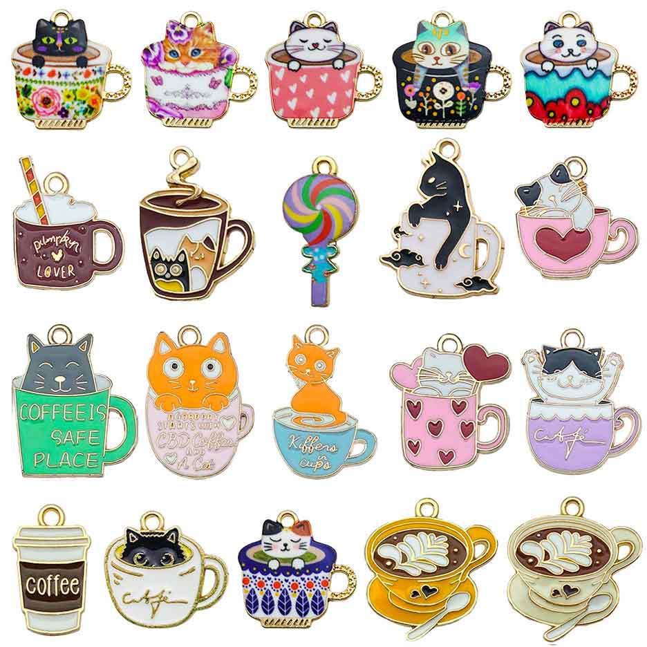 Enamel Zinc Alloy Coffee Cup Cat Milk Tea Cup Charm Pendant for Earrings DIY