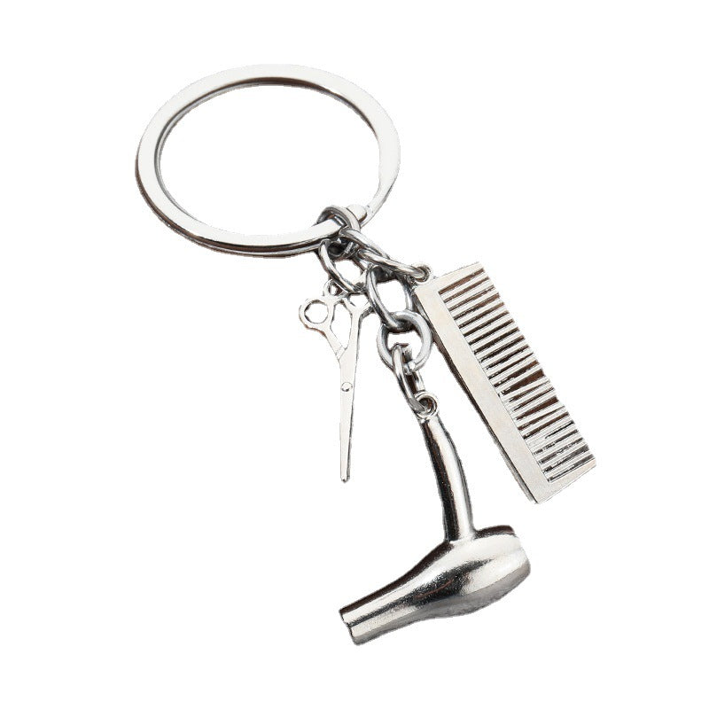 Hair Salon Tools Alloy Keychain with Scissors Comb and Hair Dryer