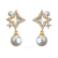 Gold Tone Clear Stone Open Star And White Pearl Drop Stud Earrings view 5