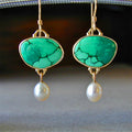 Gold Turquoise Green Cabochon White Pearl Drop Hook Earrings view 1