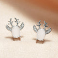 White Oval Reindeer Stud Earrings in Silver Tone Polished Metal Jewelry view 3