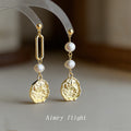 Gold Asymmetric Pearl Paperclip Disc Drop Earrings view 4