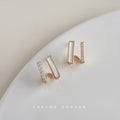 Gold Tone Open Rectangular Bar Clear Stone Geometric Stud Earrings view 4