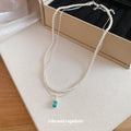 Layered Pearl Necklace with Green Teardrop Pendant view 2