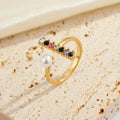 Gold Tone Pearl and Multicolor Crystal Bar Adjustable Open Ring view 3