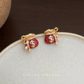 Wine Red Enamel Money Bag Stud Earrings Gold Dollar Sign view 1
