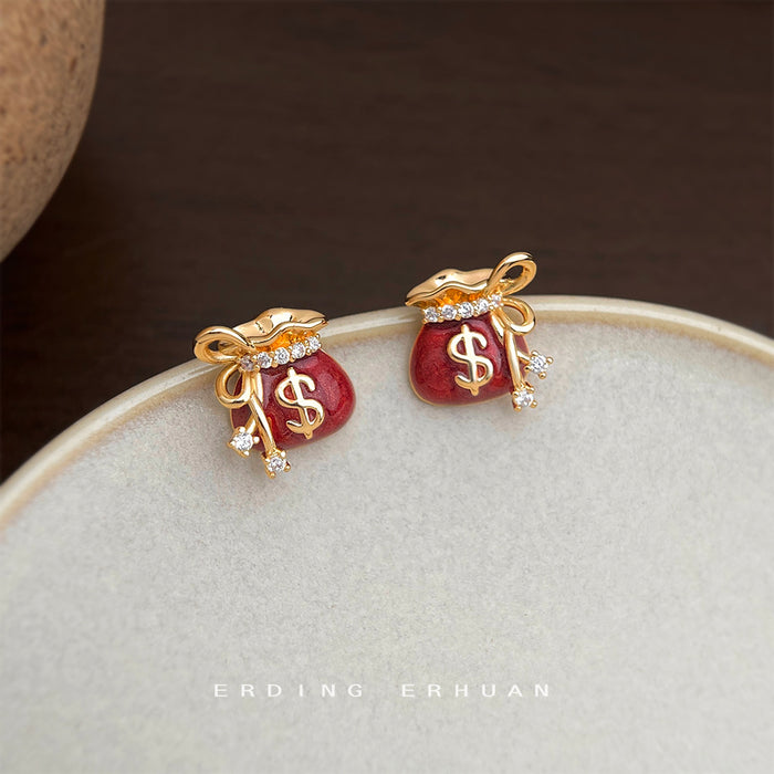 Wine Red Enamel Money Bag Stud Earrings Gold Dollar Sign