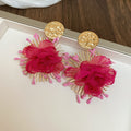 Fabric Flower Fringe Stud Earrings in Four Bright Colors view 7