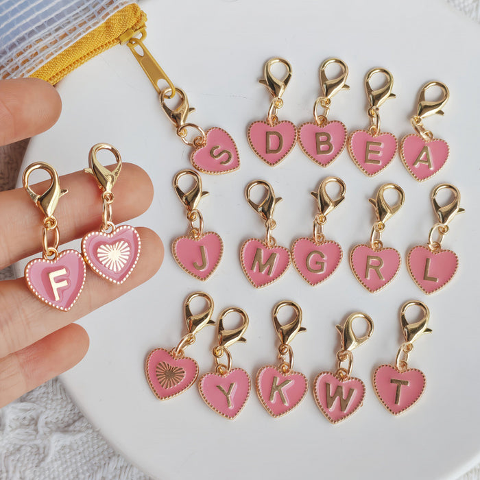 Pink Enamel Heart Letter Charms A-Z With Gold Lobster Clasp Pendant